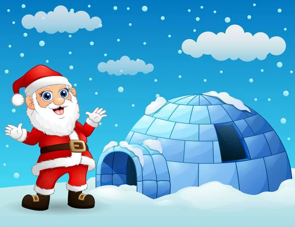 卡通圣诞老人与冬季的雪屋 — 图库矢量图片