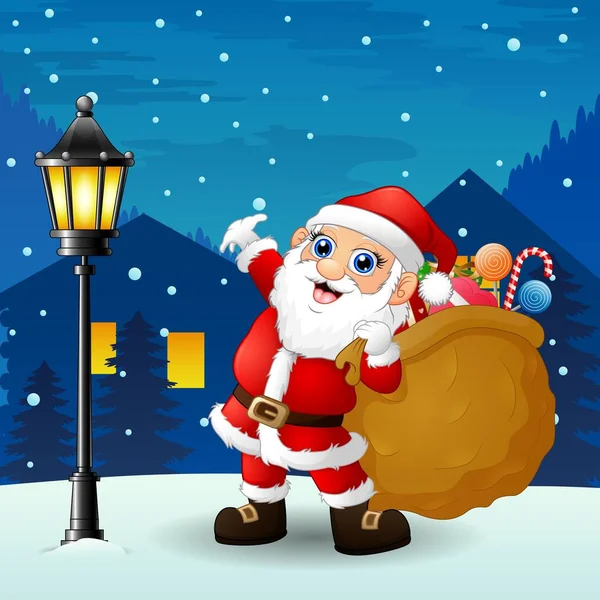 Papai Noel levando saco cheio de presentes com queda de neve caindo no fundo da noite — Vetor de Stock