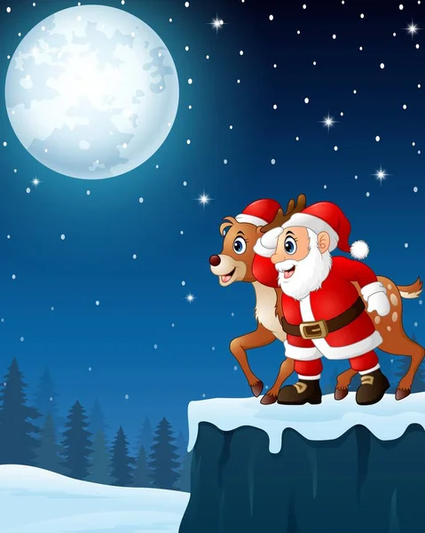 Weihnachten Mond Nacht Hintergrund mit Weihnachtsmann und Rentiere — Stockvektor