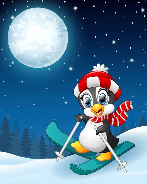 Snowboarding pinguim desenhos animados no fundo da noite de inverno — Vetor de Stock