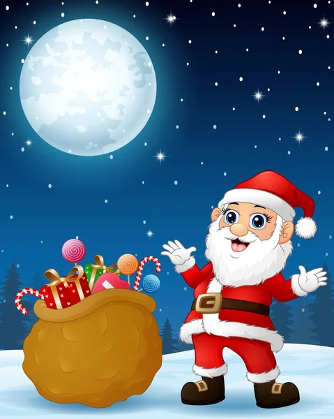 Papai Noel apresentando saco cheio de presentes no fundo da noite de inverno — Vetor de Stock