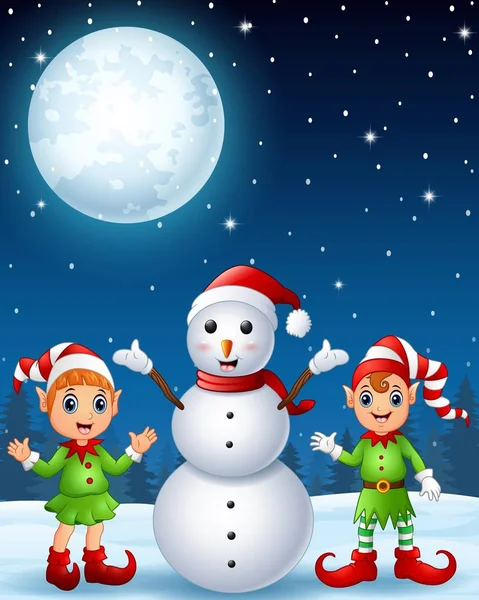 Weihnachten Mädchen Elfe mit Junge Elfe und Schneemann in der Winternacht Hintergrund — Stockvektor