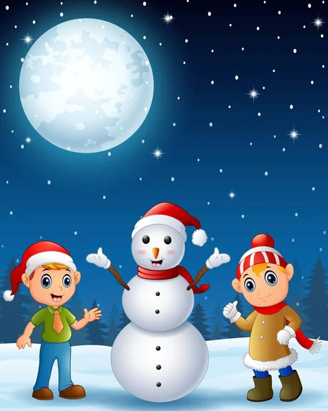 Weihnachtselfen Kinder mit Schneemann in der Winternacht Hintergrund — Stockvektor