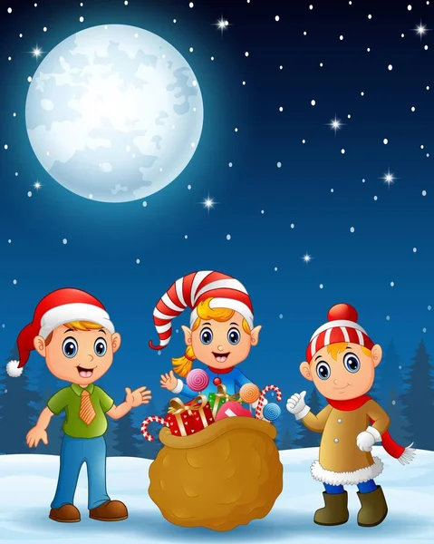 Weihnachtselfen-Kinder überreichen einen Sack voller Geschenke — Stockvektor