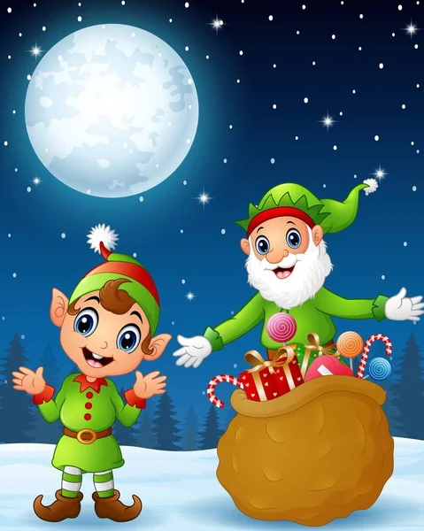 Weihnachtselfe mit Cartoon-Elfen-Kind überreicht einen Sack voller Geschenke — Stockvektor