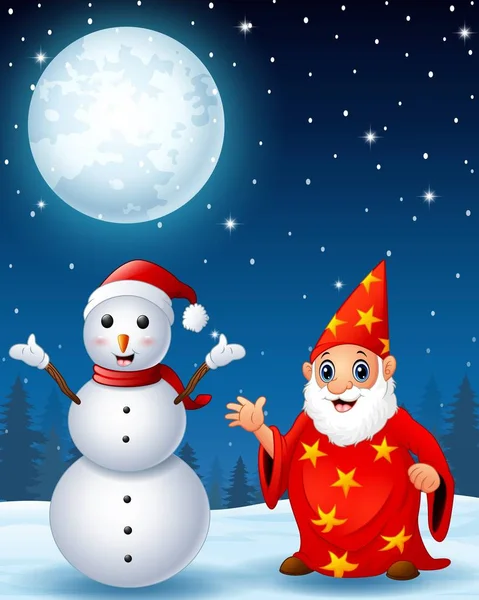 Різдвяний сніговик з червоним старим чарівником на зимовому нічному тлі — стоковий вектор