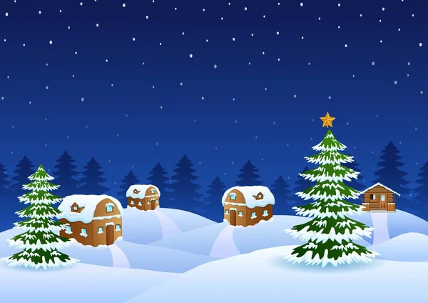 Christmas night scene with a snowy wooden house and fir trees Stock Illustration