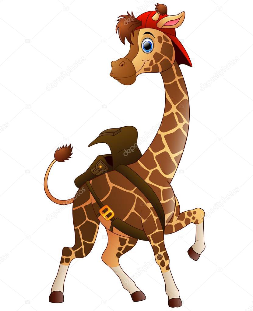 Cartoon giraffe wearing a bag and cap