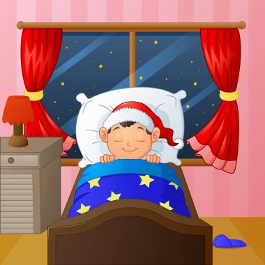 Little boy sleeping in bedroom at night clipart