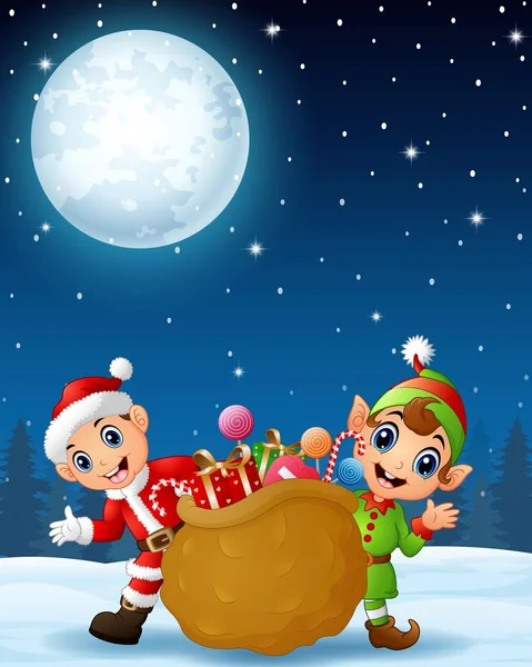 Weihnachtsmann-Kind mit Cartoon-Elfe und einem Sack voller Geschenke im Hintergrund der Winternacht — Stockvektor
