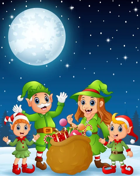 Elfi di Natale dei cartoni animati, vecchio, vecchia strega con i bambini elfi e una borsa di regali nello sfondo notte d'inverno — Vettoriale Stock