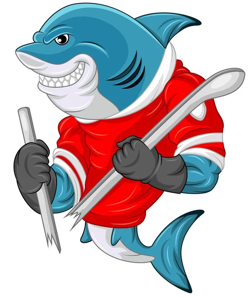 Mascotte de requin dessin animé portant un maillot de hockey tout en tenant un bâton qui a été coupé — Image vectorielle