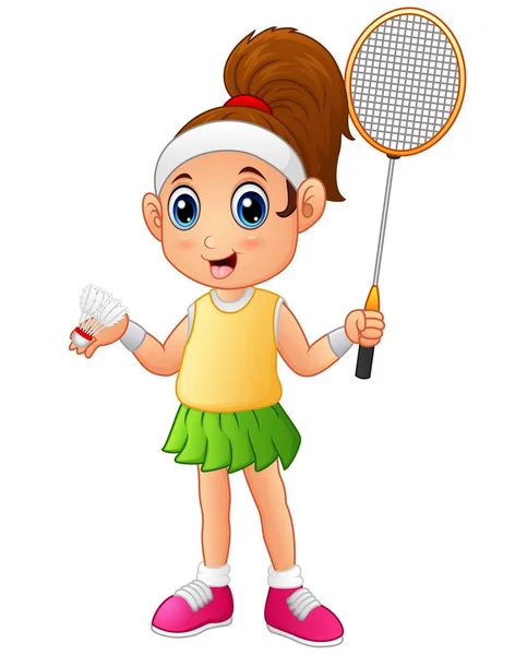 Menina dos desenhos animados jogando badminton —  Vetores de Stock