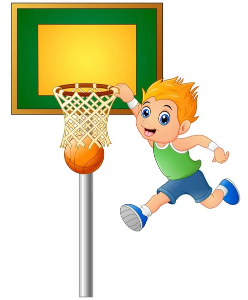 Menino dos desenhos animados jogando basquete — Vetor de Stock