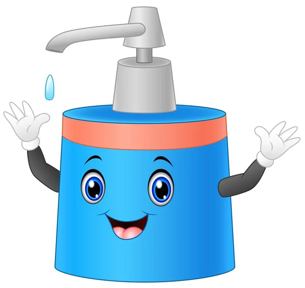 Botella de jabón líquido de dibujos animados levantando la mano — Vector de stock