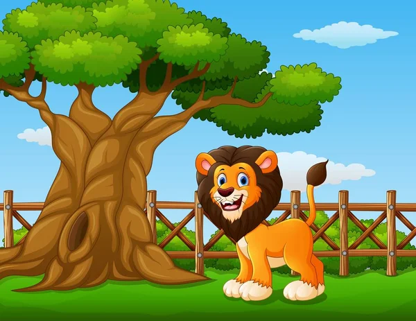 Tierlöwe steht neben einem Baum im Zaun — Stockvektor
