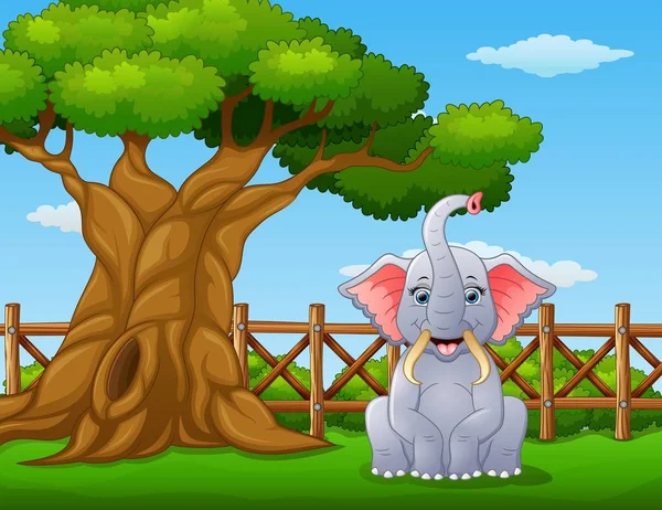 Ζώο ελέφαντας δίπλα σε ένα δέντρο εντός της περίφραξης — Διανυσματικό Αρχείο