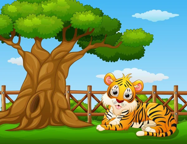 Tigre animal junto a un árbol dentro de la cerca — Vector de stock