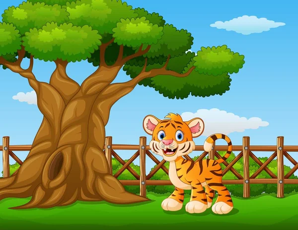 Tierischer Tiger steht neben einem Baum im Zaun — Stockvektor