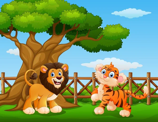 Animales león y tigre al lado de un árbol dentro de la cerca — Vector de stock