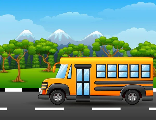 Yellow school bus on road with mountains and trees — Stock Vector