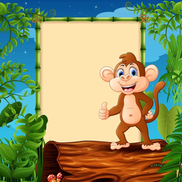 Mono de dibujos animados parado en el tronco hueco cerca del letrero enmarcado vacío — Archivo Imágenes Vectoriales