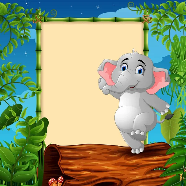 Κινούμενα σχέδια ελέφαντα που στέκεται πάνω σε κούφιο κορμό κοντά την κενή πλαισιωμένο πινακίδα — Διανυσματικό Αρχείο