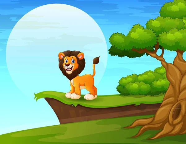 Lion dessin animé près de la falaise — Image vectorielle