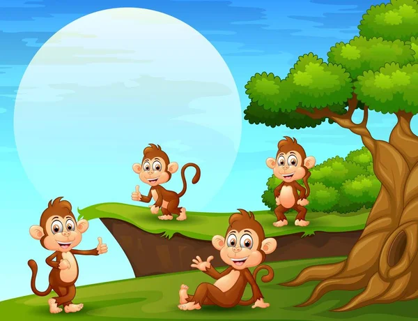 Macacos dos desenhos animados jogando perto do penhasco — Vetor de Stock