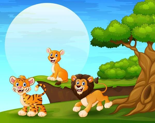 Tigre dos desenhos animados e leões brincando perto do penhasco — Vetor de Stock