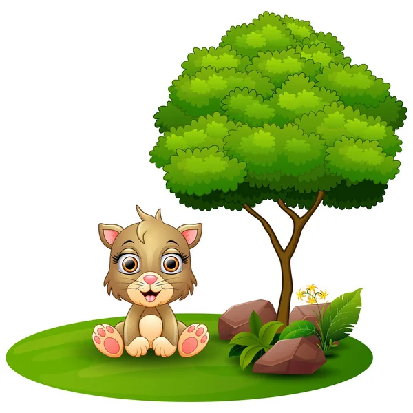 Cartoon kat, zittend onder een boom op een witte achtergrond — Stockvector