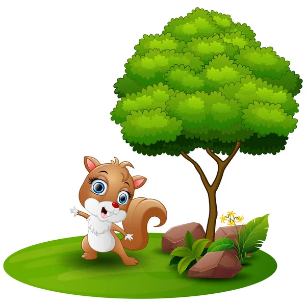 Écureuil dessin animé dansant sous un arbre sur fond blanc — Image vectorielle