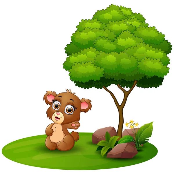 Kartun beruang melambaikan tangan di bawah pohon dengan latar belakang putih - Stok Vektor