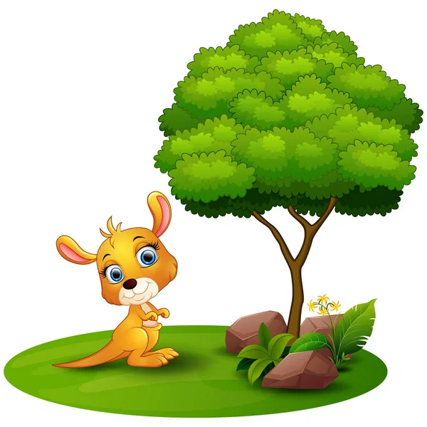 Kangguru kartun di bawah pohon dengan latar belakang putih - Stok Vektor