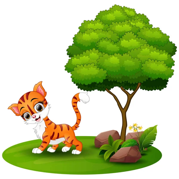 Gato de dibujos animados bajo un árbol sobre un fondo blanco — Vector de stock