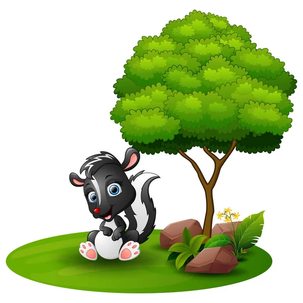 Skunk dessin animé assis sous un arbre sur un fond blanc — Image vectorielle