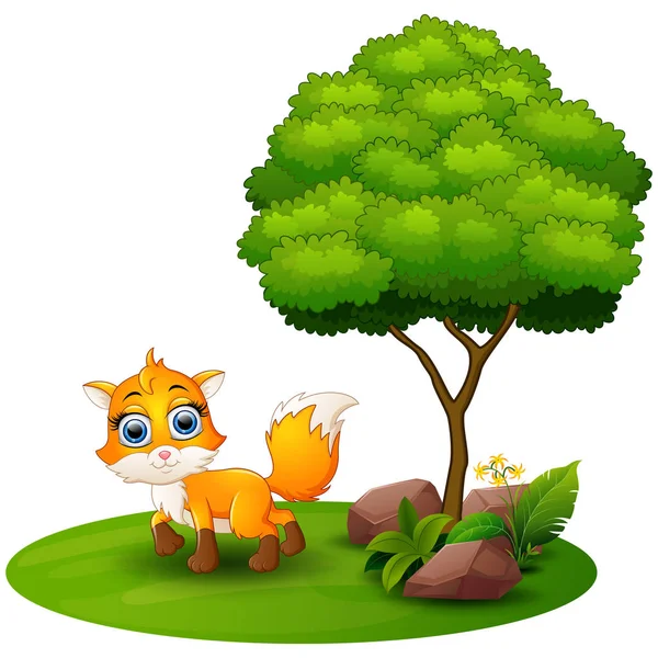 Cartoon fox under a tree on a white background - Stok Vektor