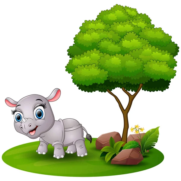 Rajzfilm rhino fehér háttéren egy fa alatt — Stock Vector