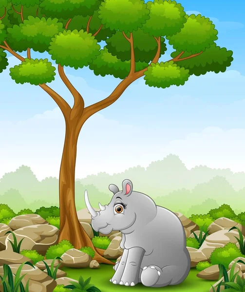 Dessin animé rhino assis dans la jungle — Image vectorielle