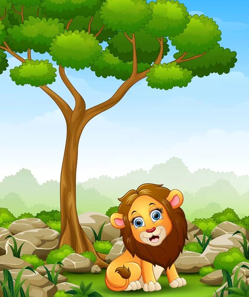 León de dibujos animados sentado en la selva — Vector de stock