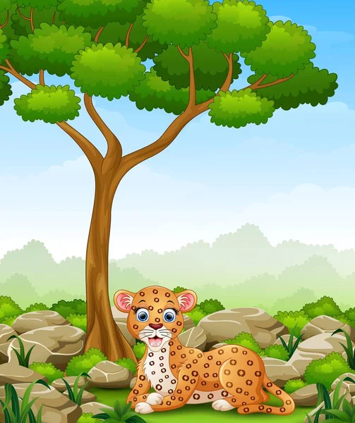 Leopardo de dibujos animados se tumbó en la selva — Vector de stock
