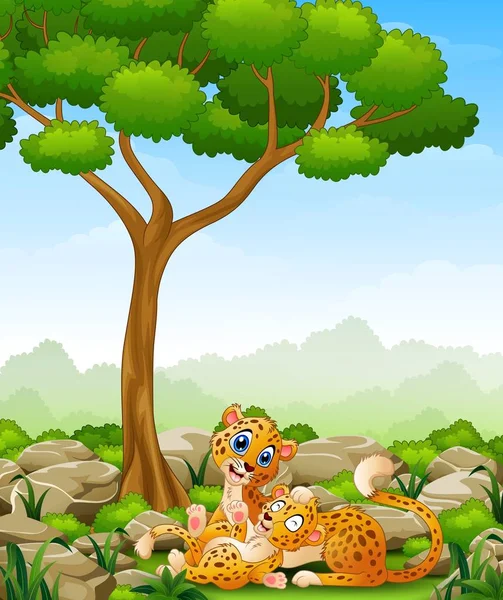 Guepardo adulto de dibujos animados con guepardo cachorro en la selva — Vector de stock