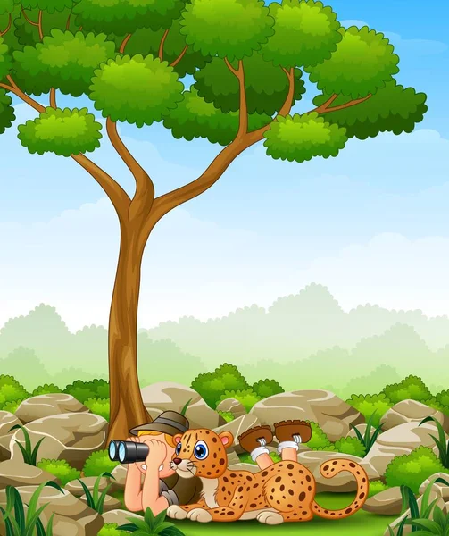 Cartoon boy lay down using binoculars with a leopard in the jungle — Stock Vector