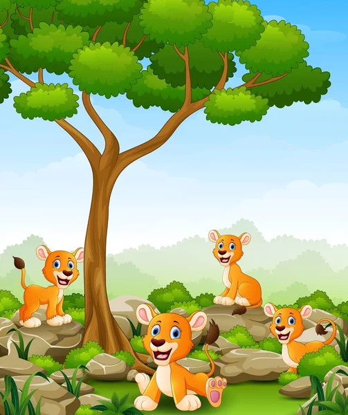 Zeichentrick-Löwin-Gruppe im Dschungel — Stockvektor