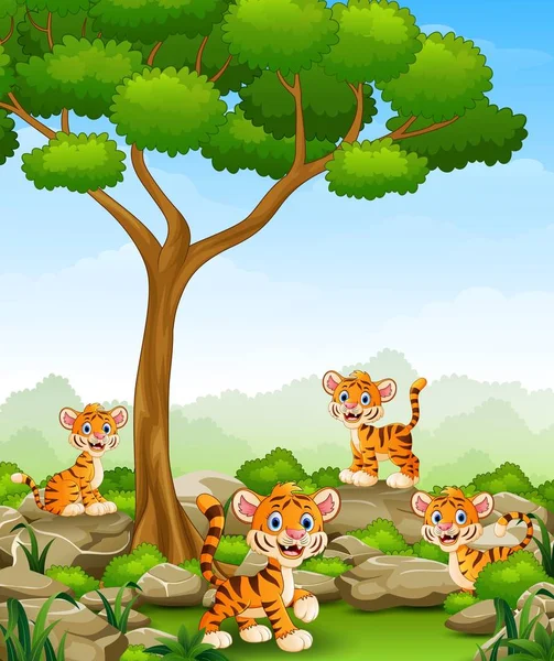 Tecknad tiger gruppen i djungeln — Stock vektor