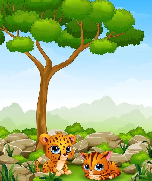 Caricatura bebé guepardo con gatito acostado en la selva — Vector de stock