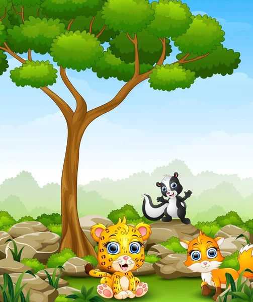Cheetah de dibujos animados con zorrillo y zorro en la selva — Vector de stock