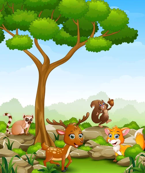 Vilda djur-tecknad serie i djungeln — Stock vektor