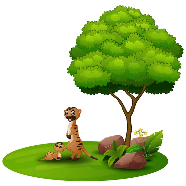 Cartoon mother meerkat with her little baby under a tree on a white background Stock Vector