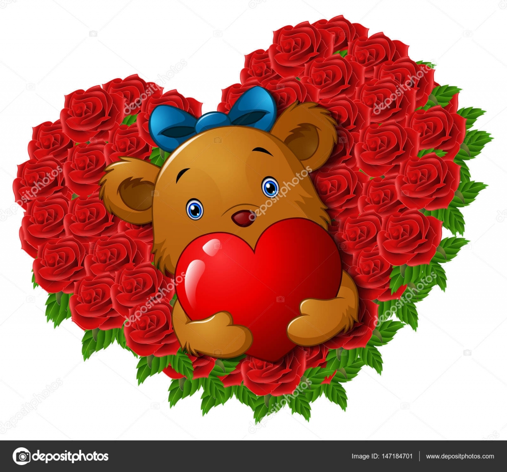 Nounours Mignons Tenant Coeur Rouge En Roses Fleur Coeur